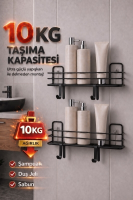 Tek Katlı Duş Rafı – Kancalı Banyo Şampuanlık & Organizer 2 Adet Siyah TŞ-01 - 4