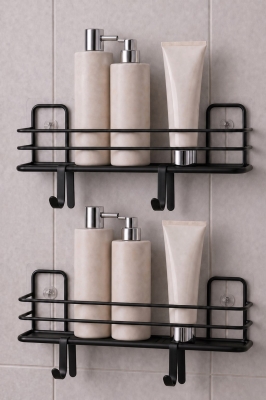 Tek Katlı Duş Rafı – Kancalı Banyo Şampuanlık & Organizer 2 Adet Siyah TŞ-01 - 5