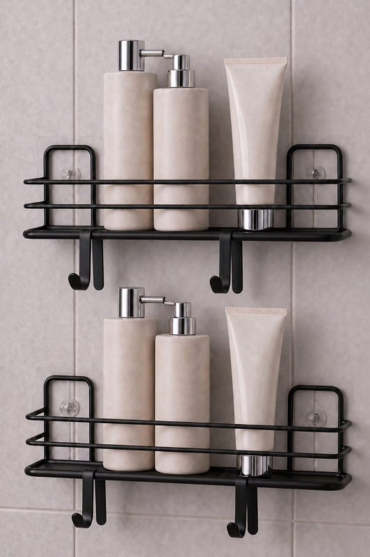 Tek Katlı Duş Rafı – Kancalı Banyo Şampuanlık & Organizer 2 Adet Siyah TŞ-01 - 5