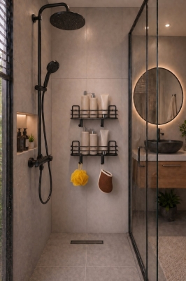 Tek Katlı Duş Rafı – Kancalı Banyo Şampuanlık & Organizer 2 Adet Siyah TŞ-01 - 6