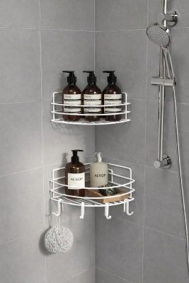 Tek Katlı Köşe Duş Rafı – Kancalı Banyo Şampuanlık & Organizer 2 Adet Beyaz TK-01 - Sas Haus
