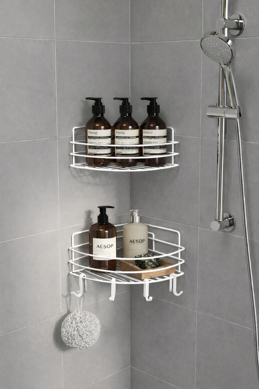 Tek Katlı Köşe Duş Rafı – Kancalı Banyo Şampuanlık & Organizer 2 Adet Beyaz TK-01 - 1