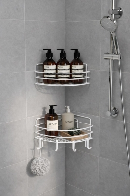 Tek Katlı Köşe Duş Rafı – Kancalı Banyo Şampuanlık & Organizer 2 Adet Beyaz TK-01 - 2