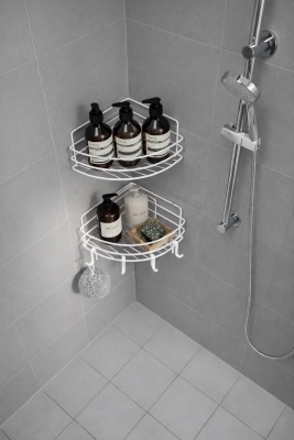 Tek Katlı Köşe Duş Rafı – Kancalı Banyo Şampuanlık & Organizer 2 Adet Beyaz TK-01 - 3