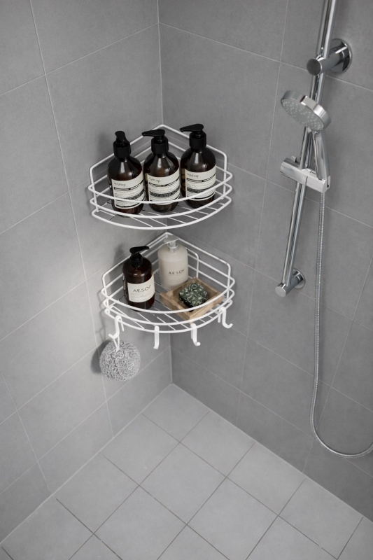 Tek Katlı Köşe Duş Rafı – Kancalı Banyo Şampuanlık & Organizer 2 Adet Beyaz TK-01 - 3