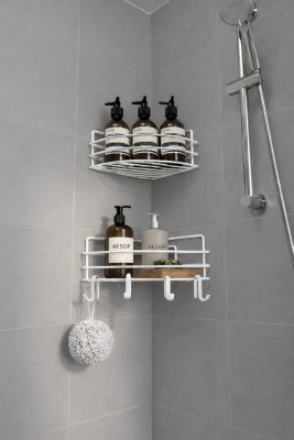 Tek Katlı Köşe Duş Rafı – Kancalı Banyo Şampuanlık & Organizer 2 Adet Beyaz TK-01 - 4