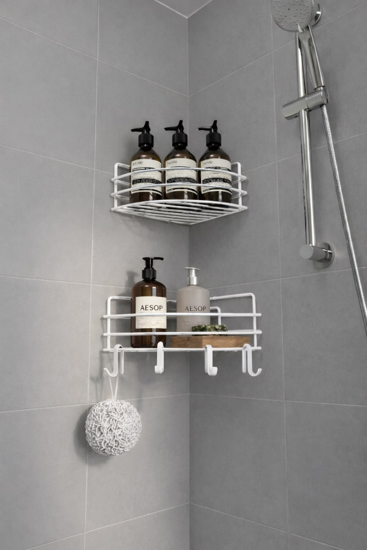 Tek Katlı Köşe Duş Rafı – Kancalı Banyo Şampuanlık & Organizer 2 Adet Beyaz TK-01 - 4