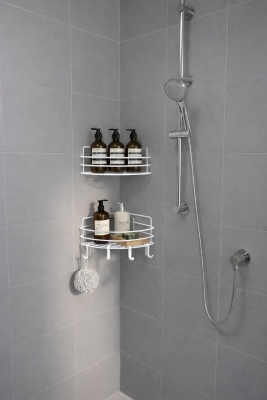 Tek Katlı Köşe Duş Rafı – Kancalı Banyo Şampuanlık & Organizer 2 Adet Beyaz TK-01 - 6