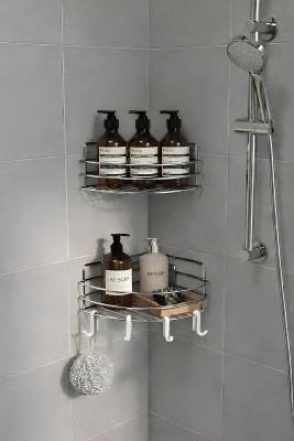 Tek Katlı Köşe Duş Rafı – Kancalı Banyo Şampuanlık & Organizer 2 Adet Krom TK-01 - Sas Haus