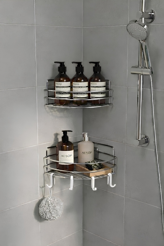 Tek Katlı Köşe Duş Rafı – Kancalı Banyo Şampuanlık & Organizer 2 Adet Krom TK-01 - 1