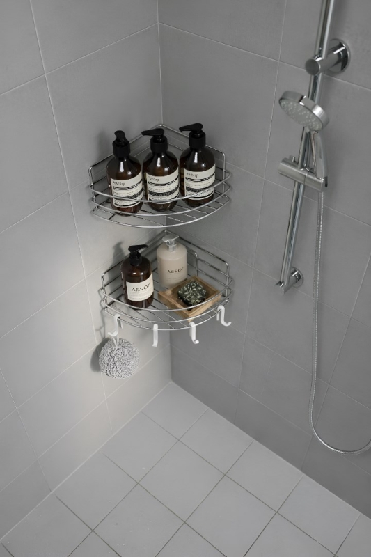Tek Katlı Köşe Duş Rafı – Kancalı Banyo Şampuanlık & Organizer 2 Adet Krom TK-01 - 2