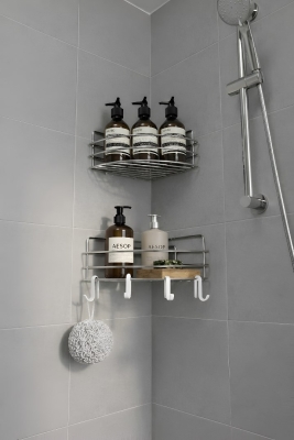 Tek Katlı Köşe Duş Rafı – Kancalı Banyo Şampuanlık & Organizer 2 Adet Krom TK-01 - 3