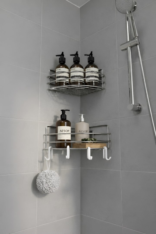 Tek Katlı Köşe Duş Rafı – Kancalı Banyo Şampuanlık & Organizer 2 Adet Krom TK-01 - 3