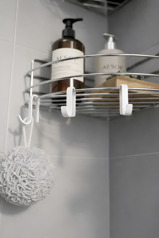 Tek Katlı Köşe Duş Rafı – Kancalı Banyo Şampuanlık & Organizer 2 Adet Krom TK-01 - 4