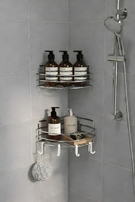 Tek Katlı Köşe Duş Rafı – Kancalı Banyo Şampuanlık & Organizer 2 Adet Krom TK-01 - 5