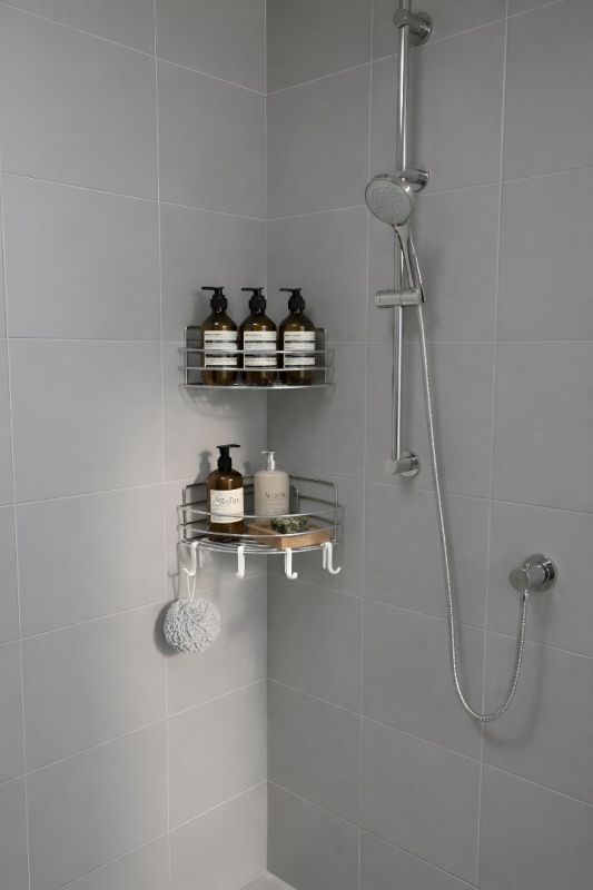 Tek Katlı Köşe Duş Rafı – Kancalı Banyo Şampuanlık & Organizer 2 Adet Krom TK-01 - 6