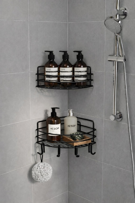 Tek Katlı Köşe Duş Rafı – Kancalı Banyo Şampuanlık & Organizer 2 Adet Siyah TK-01 - 1
