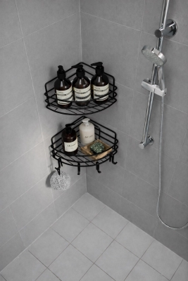 Tek Katlı Köşe Duş Rafı – Kancalı Banyo Şampuanlık & Organizer 2 Adet Siyah TK-01 - 2