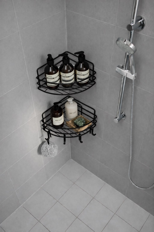 Tek Katlı Köşe Duş Rafı – Kancalı Banyo Şampuanlık & Organizer 2 Adet Siyah TK-01 - 2