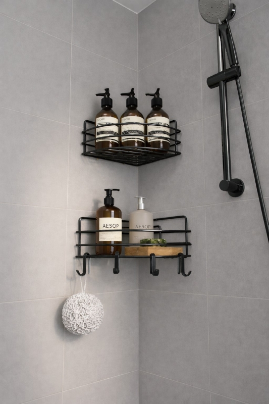 Tek Katlı Köşe Duş Rafı – Kancalı Banyo Şampuanlık & Organizer 2 Adet Siyah TK-01 - 3