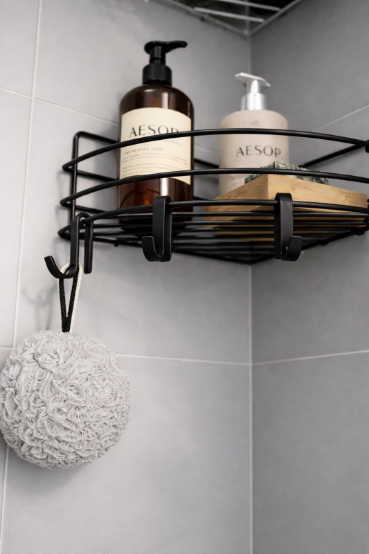 Tek Katlı Köşe Duş Rafı – Kancalı Banyo Şampuanlık & Organizer 2 Adet Siyah TK-01 - 4