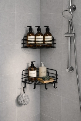 Tek Katlı Köşe Duş Rafı – Kancalı Banyo Şampuanlık & Organizer 2 Adet Siyah TK-01 - 5