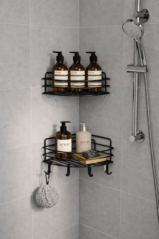 Tek Katlı Köşe Duş Rafı – Kancalı Banyo Şampuanlık & Organizer 2 Adet Siyah TK-01 - 5