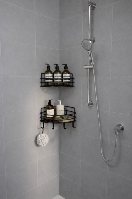 Tek Katlı Köşe Duş Rafı – Kancalı Banyo Şampuanlık & Organizer 2 Adet Siyah TK-01 - 6