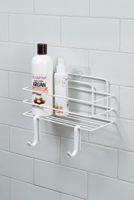 Tekli Beyaz Yapışkanlı Banyo Rafı + 2’li Askı Kanca Seti –Duş Şampuanlık (Yapıştır/Vidala) – TŞ-01 - Sas Haus