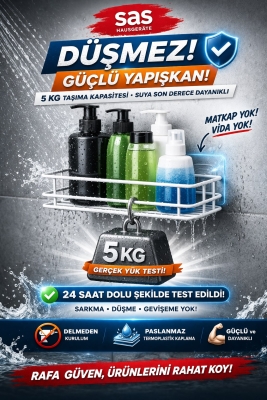 Tekli Beyaz Yapışkanlı Banyo Rafı + 2’li Askı Kanca Seti –Duş Şampuanlık (Yapıştır/Vidala) – TŞ-01 - 2