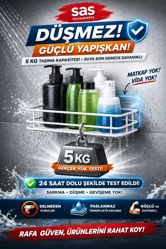 Tekli Beyaz Yapışkanlı Banyo Rafı + 2’li Askı Kanca Seti –Duş Şampuanlık (Yapıştır/Vidala) – TŞ-01 - 2