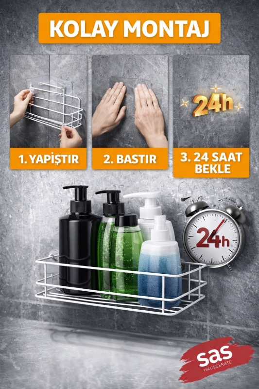 Tekli Beyaz Yapışkanlı Banyo Rafı + 2’li Askı Kanca Seti –Duş Şampuanlık (Yapıştır/Vidala) – TŞ-01 - 3