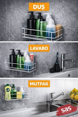 Tekli Beyaz Yapışkanlı Banyo Rafı + 2’li Askı Kanca Seti –Duş Şampuanlık (Yapıştır/Vidala) – TŞ-01 - 4