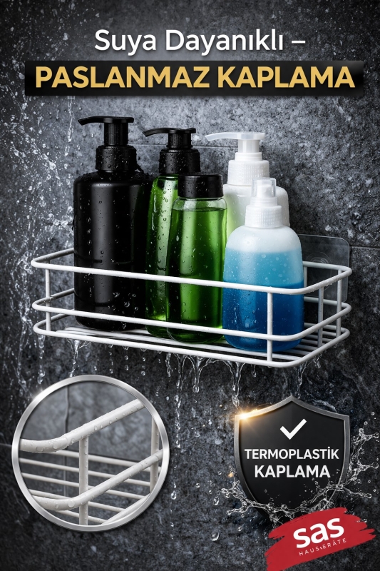Tekli Beyaz Yapışkanlı Banyo Rafı + 2’li Askı Kanca Seti –Duş Şampuanlık (Yapıştır/Vidala) – TŞ-01 - 5
