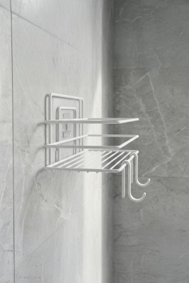 Tekli Beyaz Yapışkanlı Banyo Rafı + 2’li Askı Kanca Seti –Duş Şampuanlık (Yapıştır/Vidala) – TŞ-01 - 7