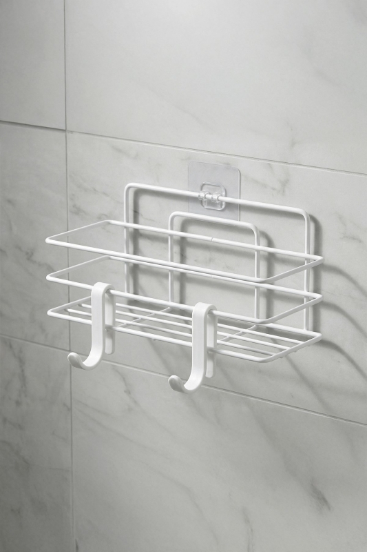 Tekli Beyaz Yapışkanlı Banyo Rafı + 2’li Askı Kanca Seti –Duş Şampuanlık (Yapıştır/Vidala) – TŞ-01 - 8