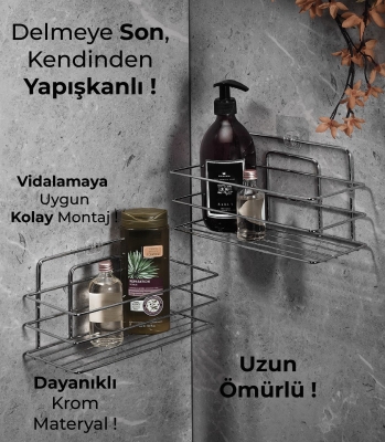 Tekli Parlak Krom Yapışkanlı Banyo Rafı, Duş Şampuanlık, Paslanmaz Metal Raf (Vidala/Yapıştır) - 2