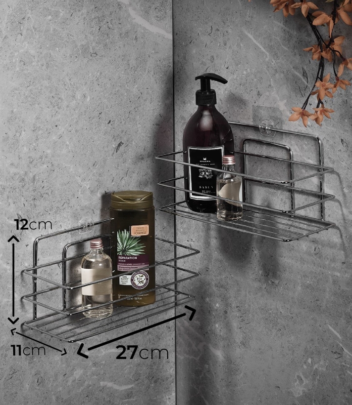 Tekli Parlak Krom Yapışkanlı Banyo Rafı, Duş Şampuanlık, Paslanmaz Metal Raf (Vidala/Yapıştır) - 3