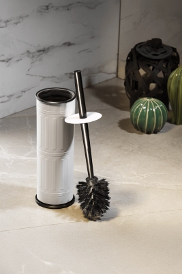 Vintage Beyaz WC Tuvalet Fırçası – Metal Kapalı Hazneli Stand, (8,5 x 36 cm) Ergonomik Sap Hijyenik - 1