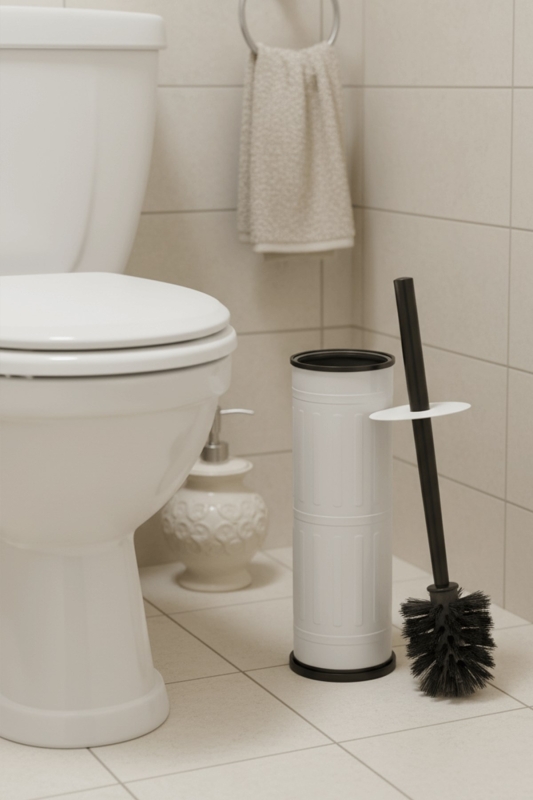 Vintage Beyaz WC Tuvalet Fırçası – Metal Kapalı Hazneli Stand, (8,5 x 36 cm) Ergonomik Sap Hijyenik - 2