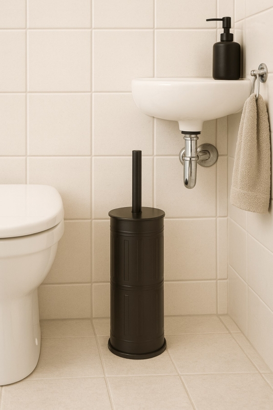 Vintage Siyah WC Tuvalet Fırçası – Metal Kapalı Hazneli Stand, (8,5 x 36 cm) Ergonomik Sap, Hijyenik - 2
