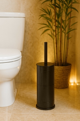 Vintage Siyah WC Tuvalet Fırçası – Metal Kapalı Hazneli Stand, (8,5 x 36 cm) Ergonomik Sap, Hijyenik - 3