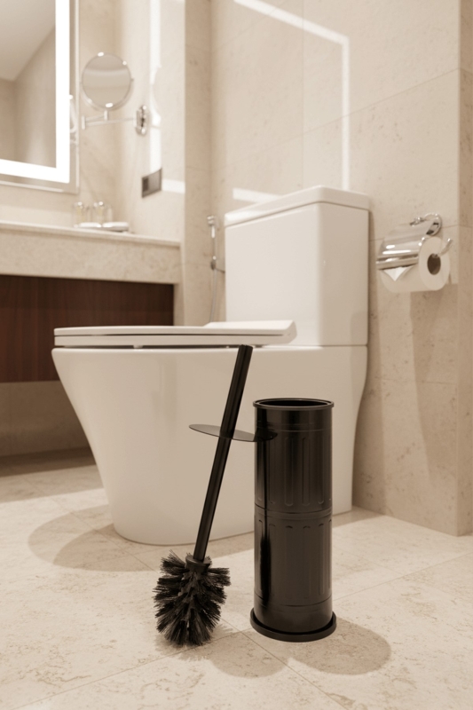 Vintage Siyah WC Tuvalet Fırçası – Metal Kapalı Hazneli Stand, (8,5 x 36 cm) Ergonomik Sap, Hijyenik - 4