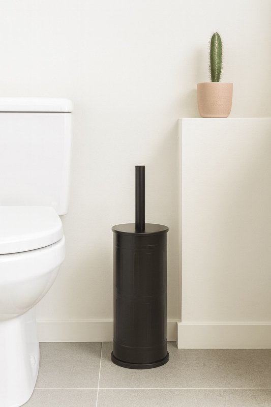 Vintage Siyah WC Tuvalet Fırçası – Metal Kapalı Hazneli Stand, (8,5 x 36 cm) Ergonomik Sap, Hijyenik - 5
