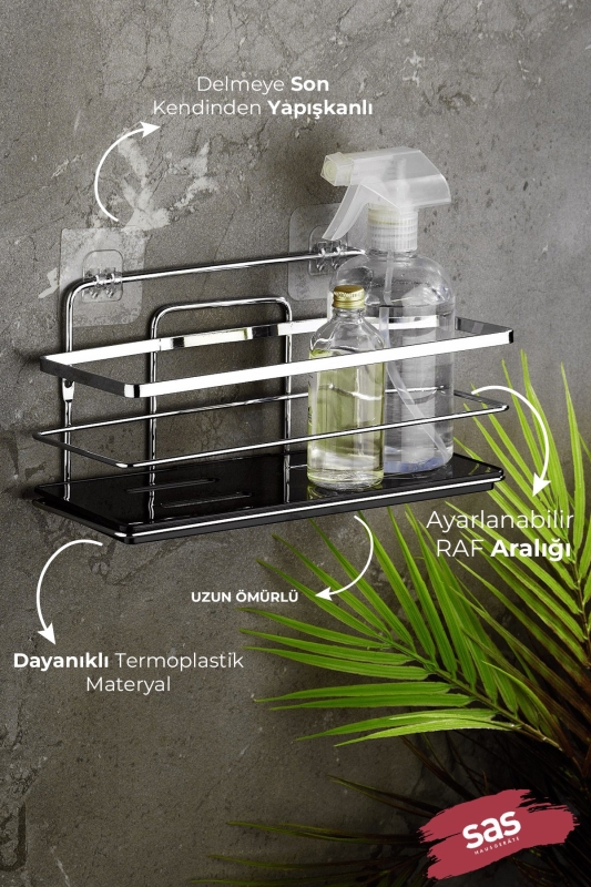Yapışkanlı Ayarlanabilir Tekli Banyo Duş Rafı Şampuanlık, Banyo Düzenleyici Krom-Siyah - LŞ-01 - 2