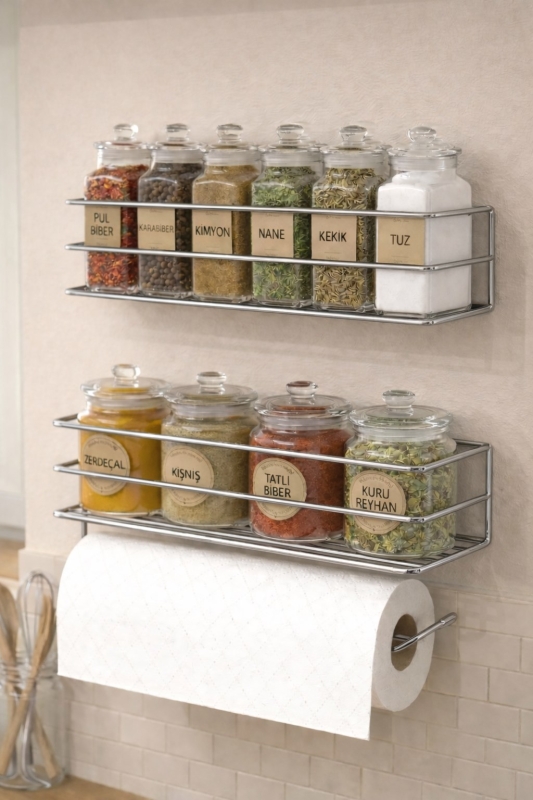 Yapışkanlı Baharatlık 2’li Metal Kağıt Havluluk Siyah Baharat Standı Mutfak Rafı Organizer Krom - 2