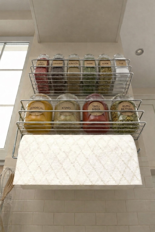 Yapışkanlı Baharatlık 2’li Metal Kağıt Havluluk Siyah Baharat Standı Mutfak Rafı Organizer Krom - 4