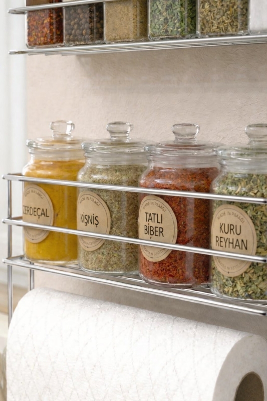 Yapışkanlı Baharatlık 2’li Metal Kağıt Havluluk Siyah Baharat Standı Mutfak Rafı Organizer Krom - 5