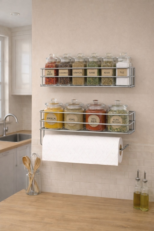 Yapışkanlı Baharatlık 2’li Metal Kağıt Havluluk Siyah Baharat Standı Mutfak Rafı Organizer Krom - 6