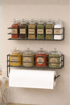 Yapışkanlı Baharatlık 2’li Metal Kağıt Havluluk Siyah Baharat Standı Mutfak Rafı Organizer Siyah - Sas Haus